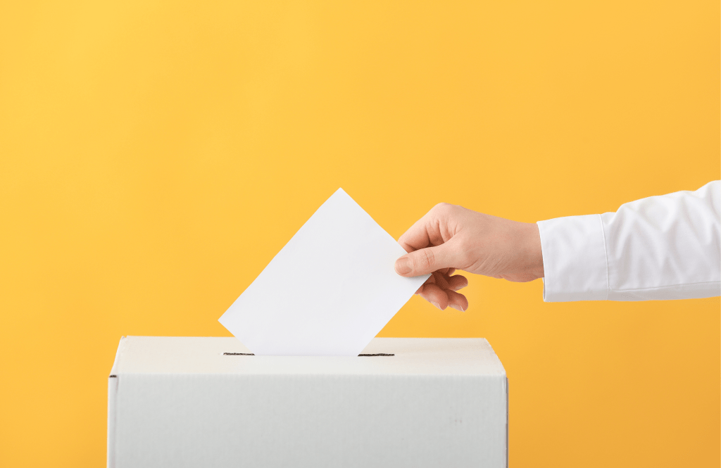 Photo of a hand posting a ballot paper into a ballot box