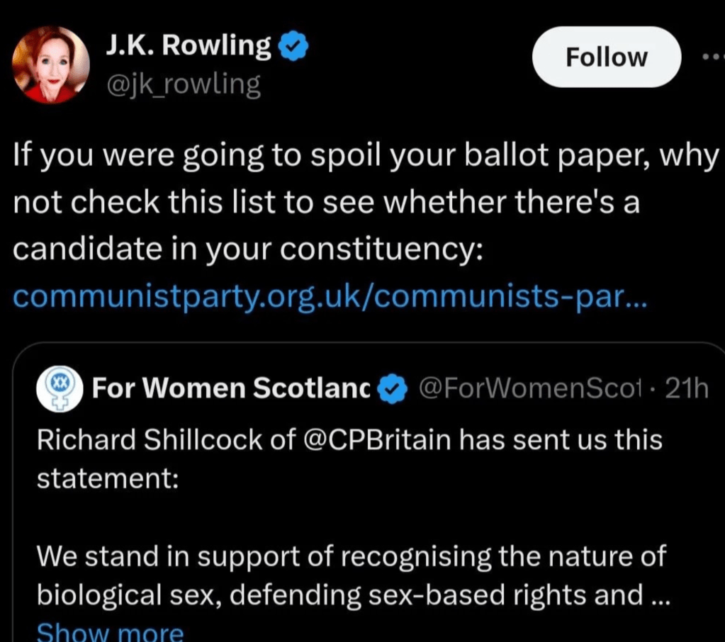 screenshot of JK Rowling suggesting that people should vote for the Communist Party of Britain on twitter